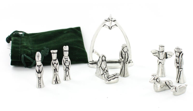 Basic Spirit Nativity Set with Chreche Mini Pewter Figurine 11 Pc Set with Velvet Pouch - Image 2